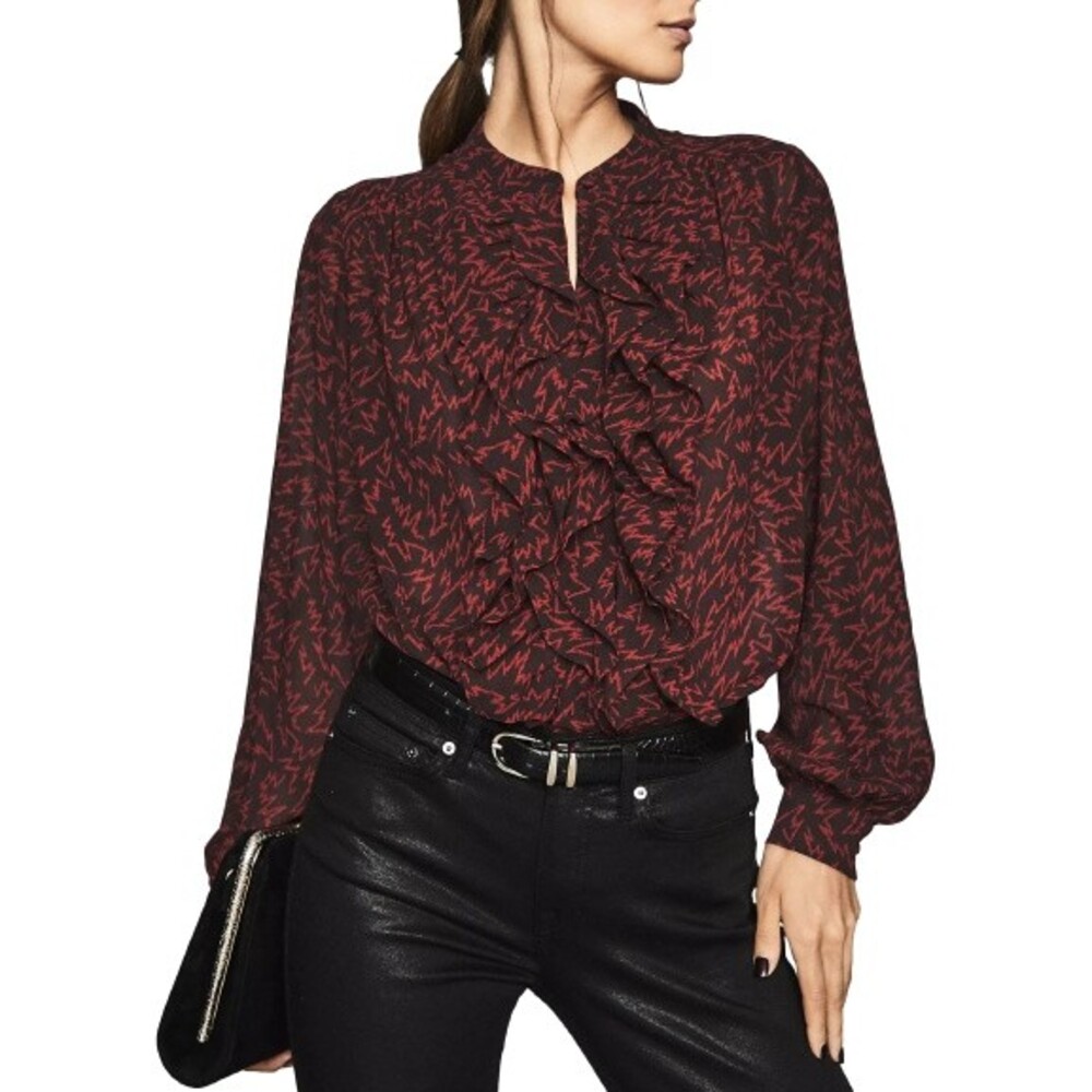 REISS Pippa Zig Zag Ruffle Blouse Top Womens US 0 UK 4 Red Long Sleeve $240 NWT